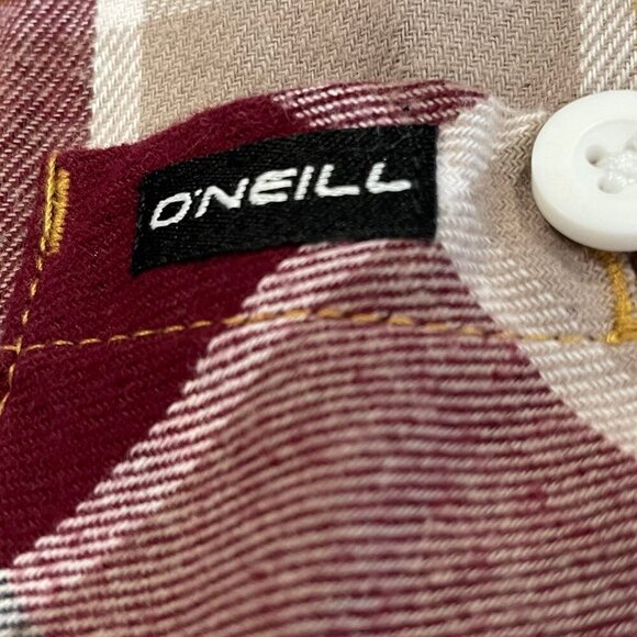O'Neill Button Down LS 100% Cotton Check Shirt Burgundy Wht Tan Gold Sz S/M NWT - Picture 11 of 12